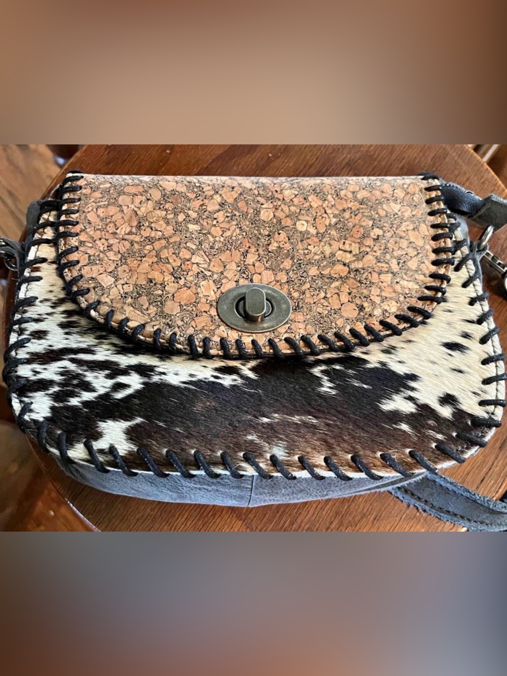 Cowhide & Cork Crossbody Bag - Brown/Black. Genuine leather NWT